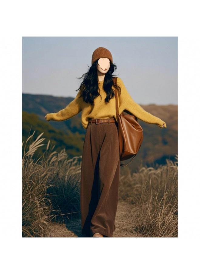 Autumn A Set Of Women's 2025 New Korean Version Of Retro Pullover Knitted Sweater High Waist Wide Leg Pants Two-piece Suit 