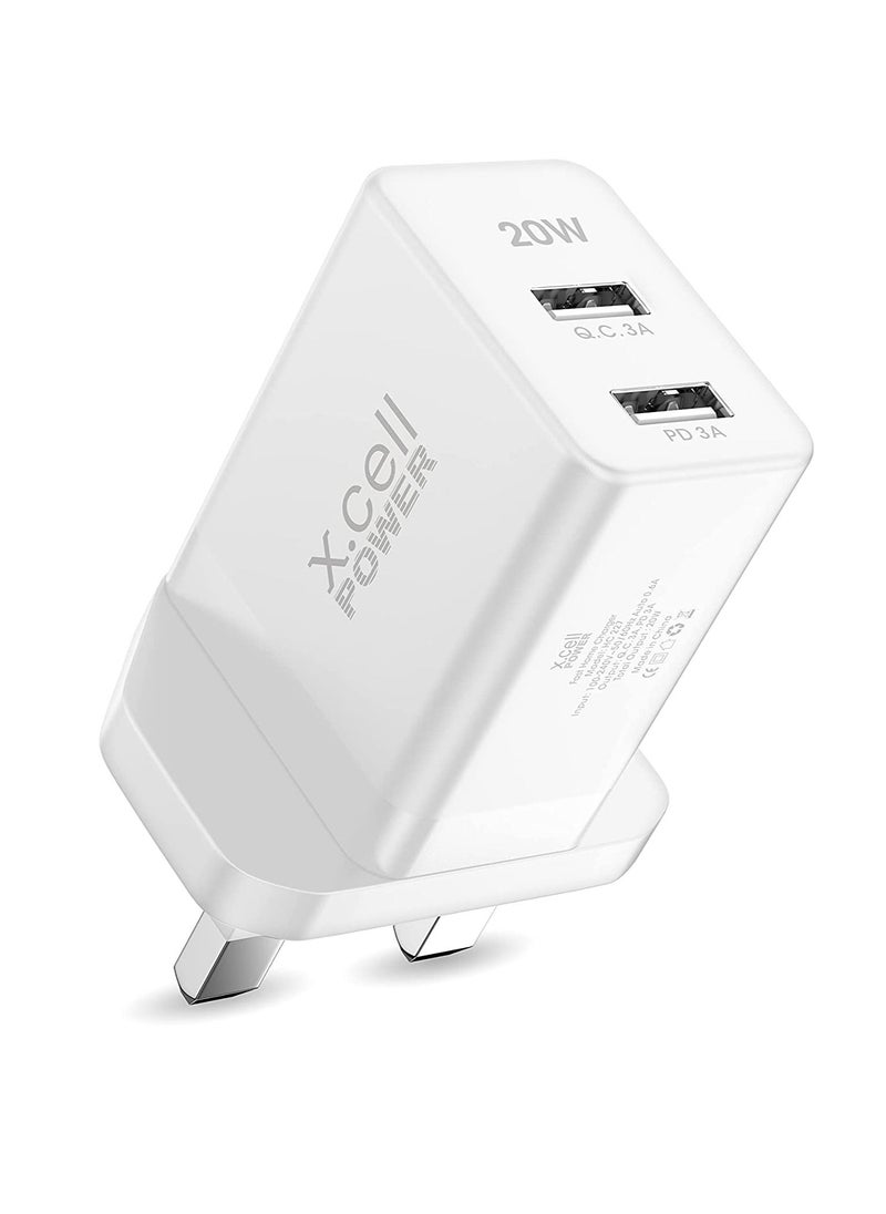 Xcell Xcell Dual Port 20W Fast Charger | USB-A Quick Charge 3.0 + PD | Over-Charge Heat Protection | Universal Compatibility | Compact Travel Charger for iPhone, Samsung, Tablets – White  - Image 2