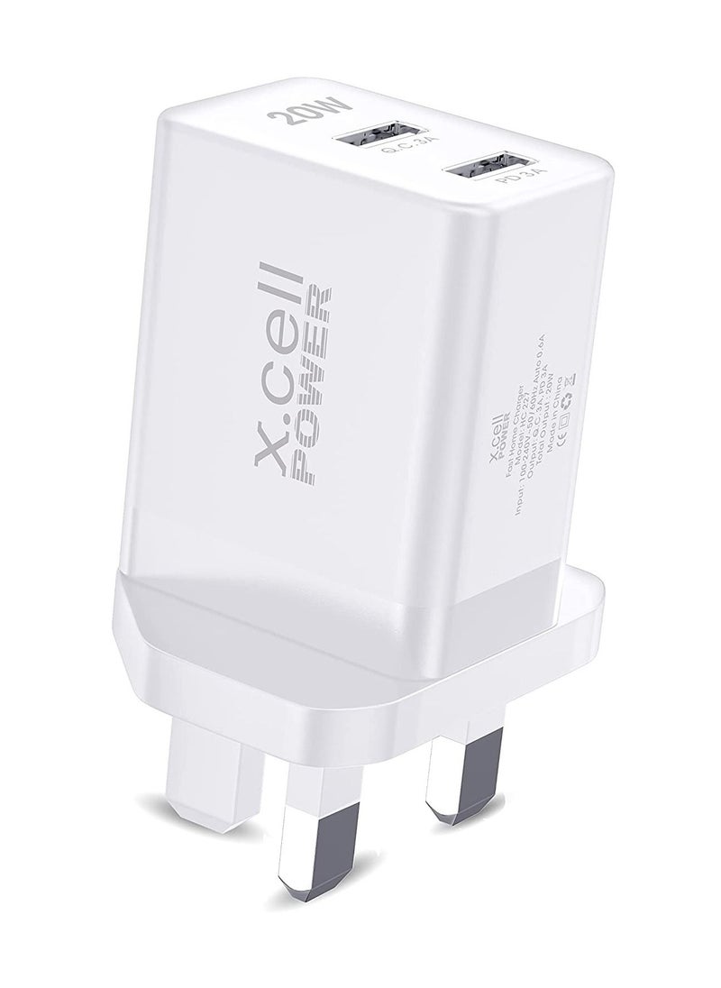 Xcell Xcell Dual Port 20W Fast Charger | USB-A Quick Charge 3.0 + PD | Over-Charge Heat Protection | Universal Compatibility | Compact Travel Charger for iPhone, Samsung, Tablets – White  - Image 3