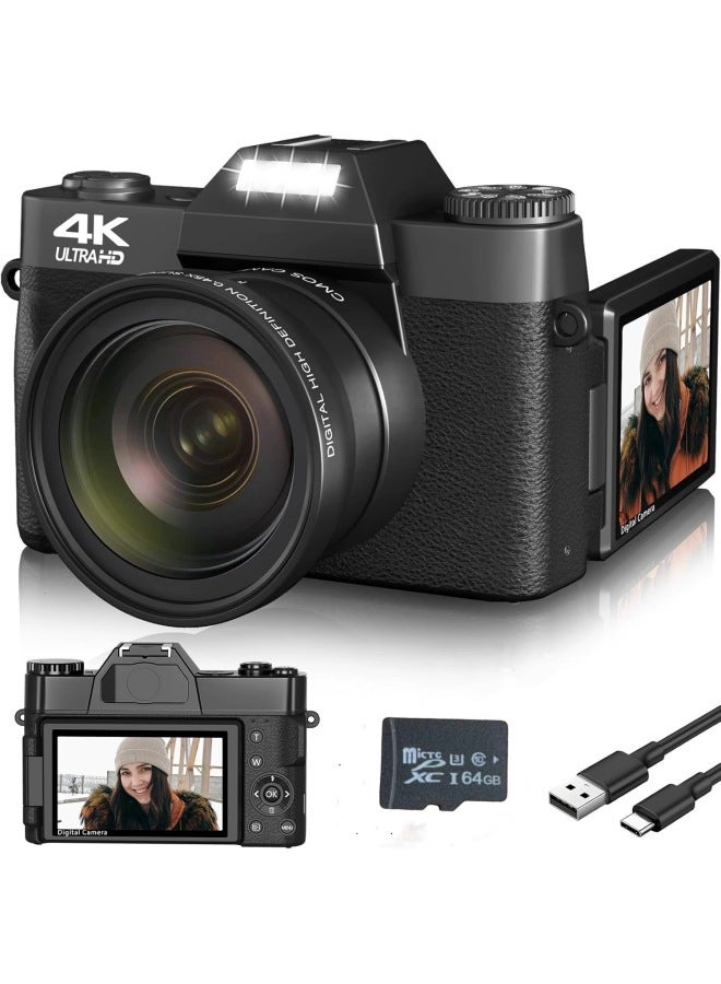 Generic E-commerce Products 4K Digital Camera Ultra High Definition 48MP 3.0 Flip Screen With Wide Angle 4K Micro Single LED-Body Color:Standard Black English Version + Wide-angle Lens + 64gb Card  - Image 1