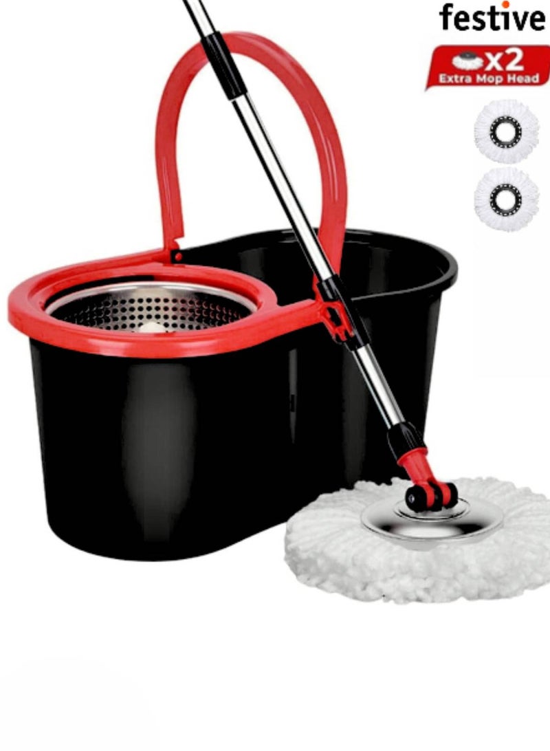 Spin Mop For Floor Cleaning Stainless Steel Mop and Bucket With Telescopic Handle Hands Free Wringing Floor Mop With Large Capacity and Reusable Refills For Home Office . (Black) 46 x 26 x 24 cm  - Image 1