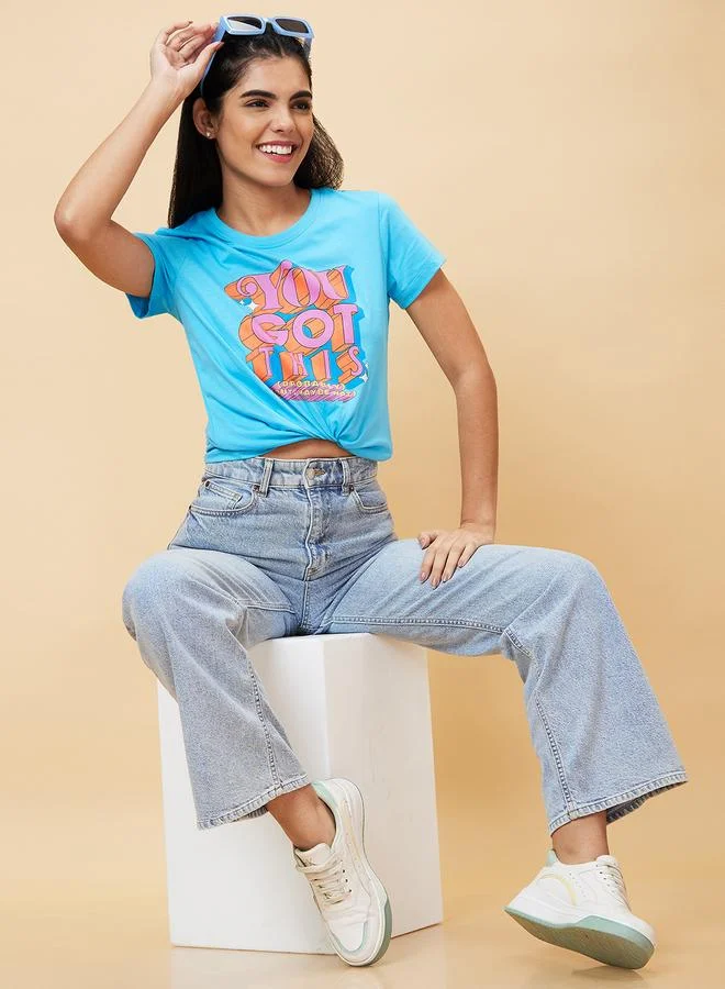 globus Slogan Print Round Neck Cotton T-Shirt