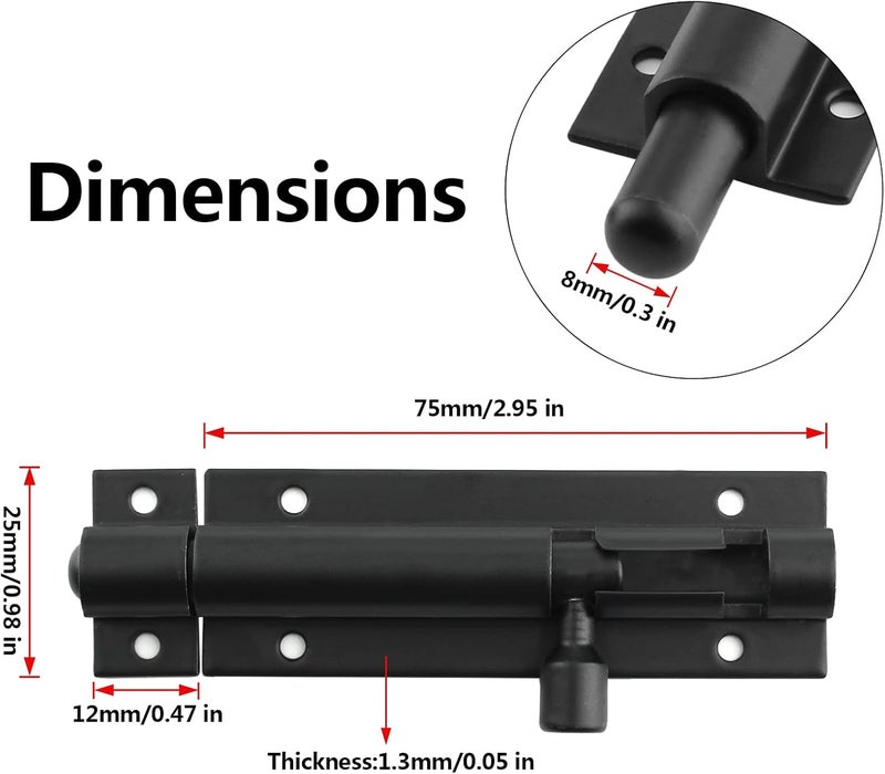 BokWin 5Pcs Black Aluminium Alloy Slide Bolt Latch 3 Inch, Mini Door Barrel Bolts Latches, Security Gate Cabinet Sliding Latch Lock with Screws - Image 2