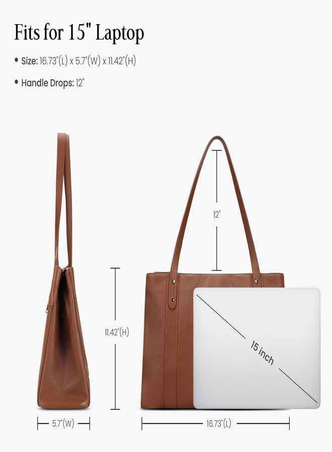 befen Genuine Leather Tote Bag for Women Work, Womens Totes Purse Shoulder Leather Purses Handbags with 15 Inch Compartment Cognac Brown - Image 4