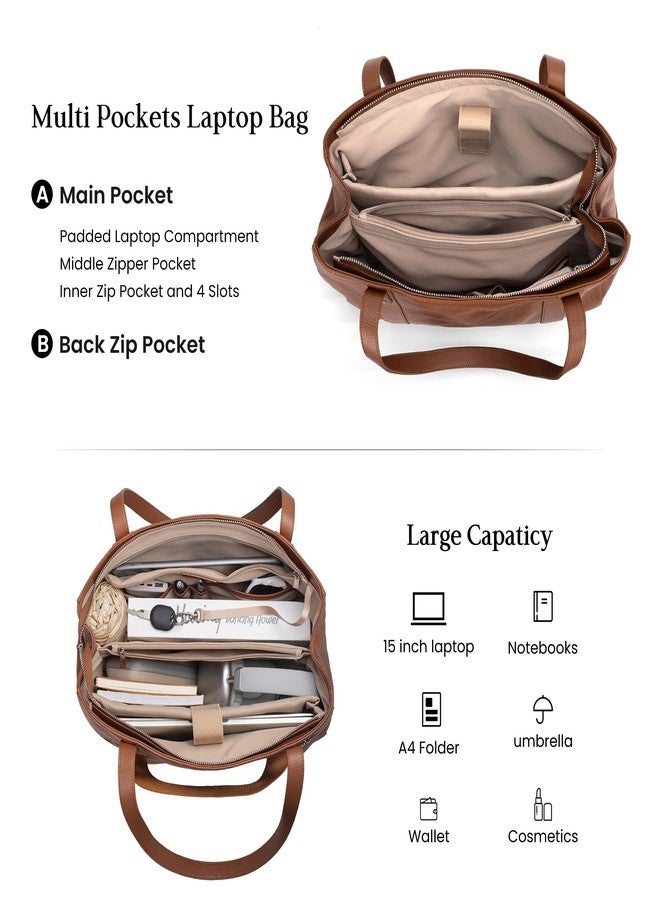 befen Genuine Leather Tote Bag for Women Work, Womens Totes Purse Shoulder Leather Purses Handbags with 15 Inch Compartment Cognac Brown - Image 3