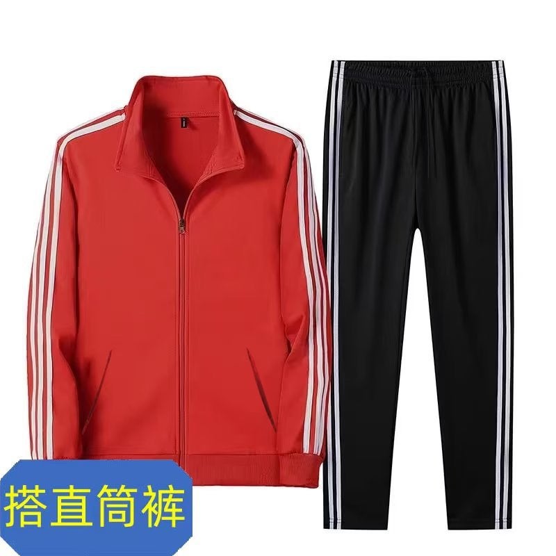 Cross-border 2023 Spring and Autumn New Couple suit Three Bars Fashion Korean Casual Sports Slim Two-piece Set for Men Red + straight black pants