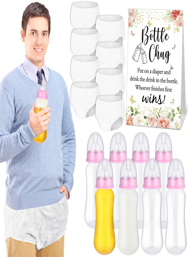 Anglechic 17 Pcs Bottle Chug Baby Shower Games Favors Diaper Change Game Diaper Including 8 Funny Plastic Bottle Chug 8 Disposable Diapers and 1 Game Sign for Gender Reveal Party (Floral,Pink) - Image 1