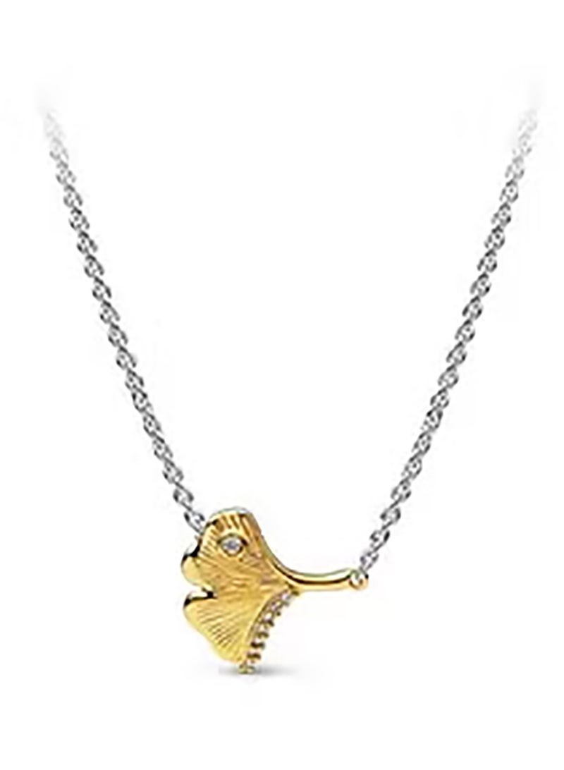 Pan Home Ginkgo Leaf Two-Tone Necklace, Gold and Silver Spliced with Diamond Inlay