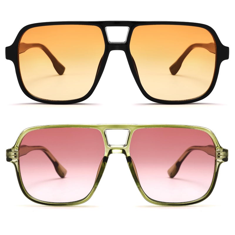 GLARDEFE Oversized Aviator Sunglasses for Women Men - Retro 70s Square Shades Sun Glasses(Black/Gradient Orange Lens + Green/Gradient Orange Lens) - Image 3