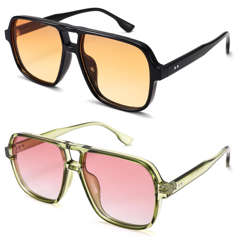 GLARDEFE Oversized Aviator Sunglasses for Women Men - Retro 70s Square Shades Sun Glasses(Black/Gradient Orange Lens + Green/Gradient Orange Lens) - Image 1