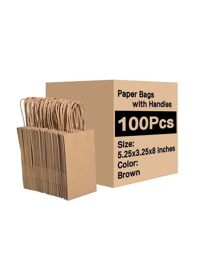 Brothersbox Small Brown Kraft Paper Bags with Handles 100PCS - 5.25*3.25*8 Inch Bags for Birthday Party Grocery Retail Shopping Business - Image 1