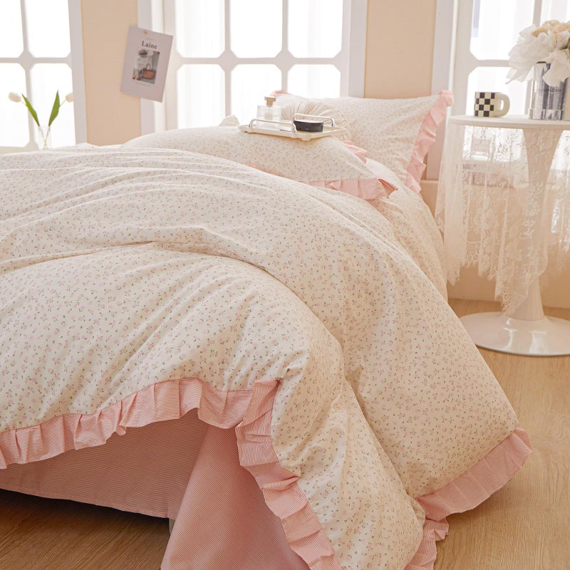 MOTNTD Pink Floral Queen Duvet Cover Pink Ruffle Coquette Comforter Cover Queen Size Cotton Boho Aesthetic Cute Duvet Cover Set with 4 Corner Ties Soft Queen Bedding Set Striped Duvet Protector - Image 2