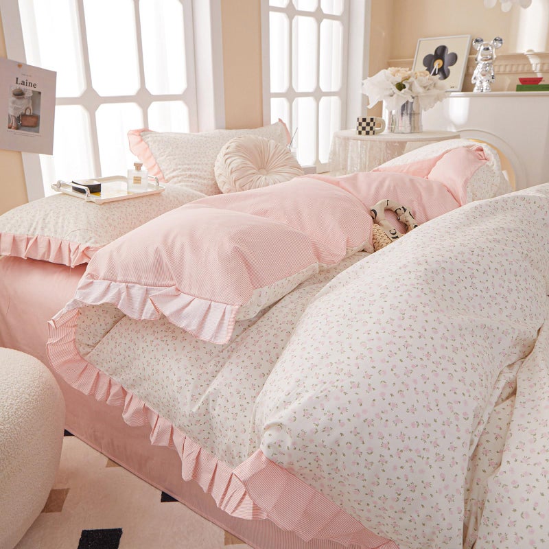 MOTNTD Pink Floral Queen Duvet Cover Pink Ruffle Coquette Comforter Cover Queen Size Cotton Boho Aesthetic Cute Duvet Cover Set with 4 Corner Ties Soft Queen Bedding Set Striped Duvet Protector - Image 3