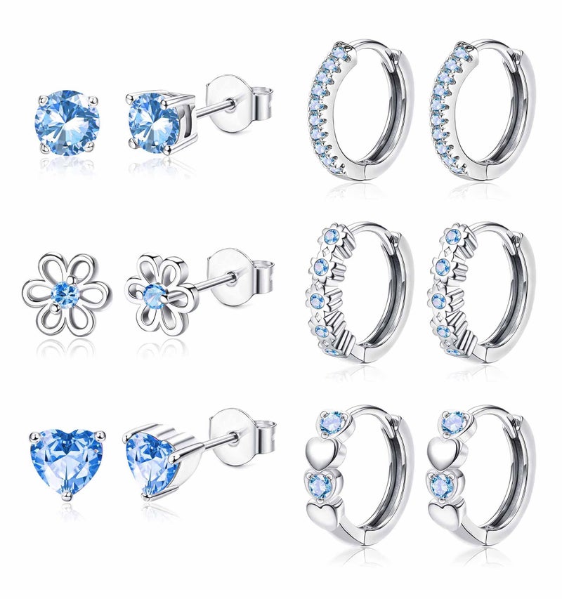 YADOCA ðŸµðŸ®ðŸ± ð—¦ð˜ð—²ð—¿ð—¹ð—¶ð—»ð—´ ð—¦ð—¶ð—¹ð˜ƒð—²ð—¿ Earrings for Girls Women - Hypoallergenic Cute Kids Toddler Earrings - Blue Cubic Zirconia Earring Studs Hoop Set for Sensitive Ears - Image 1