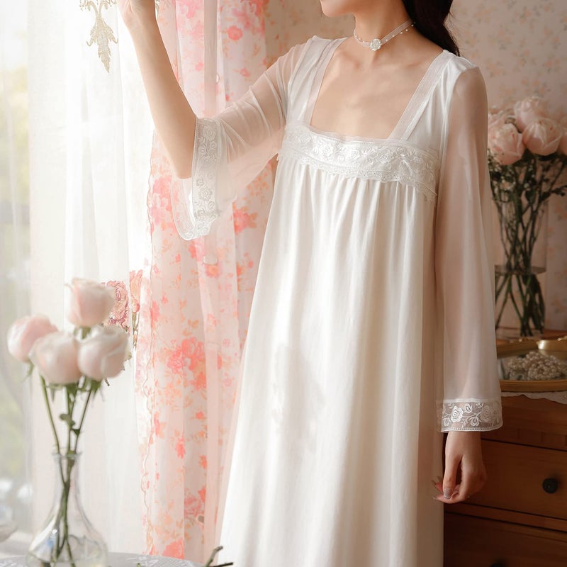 Homgro Women's Cotton Nightgown Long Sleeve Nightgowns Victorian Vintage Autumn Night Shirt White Large - Image 4