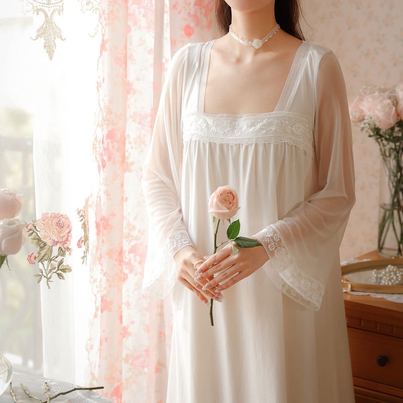Homgro Women's Cotton Nightgown Long Sleeve Nightgowns Victorian Vintage Autumn Night Shirt White Large - Image 3