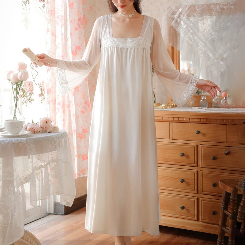 Homgro Women's Cotton Nightgown Long Sleeve Nightgowns Victorian Vintage Autumn Night Shirt White Large - Image 2
