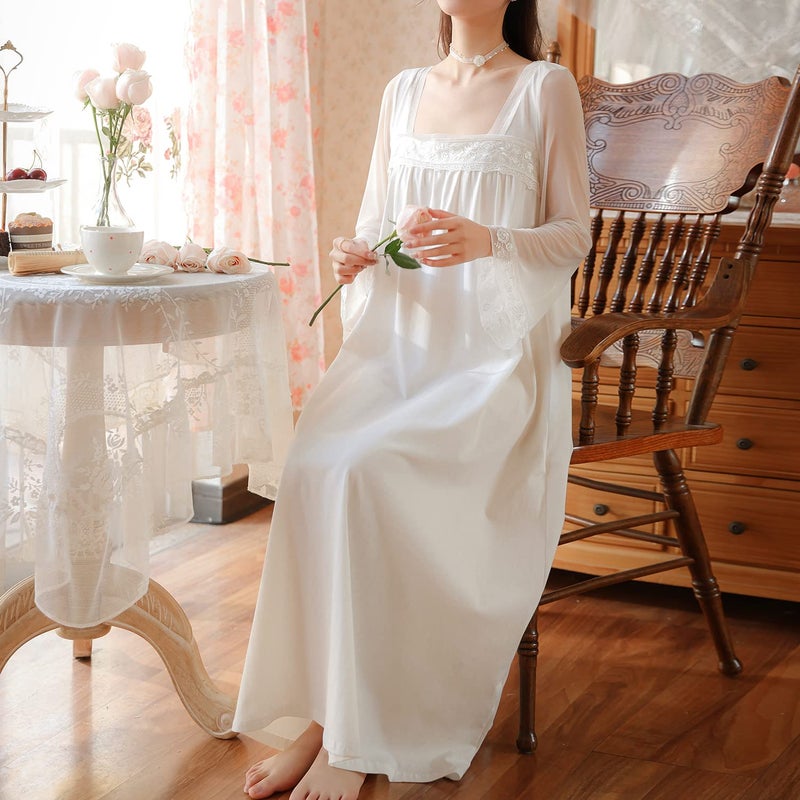 Homgro Women's Cotton Nightgown Long Sleeve Nightgowns Victorian Vintage Autumn Night Shirt White Large - Image 5