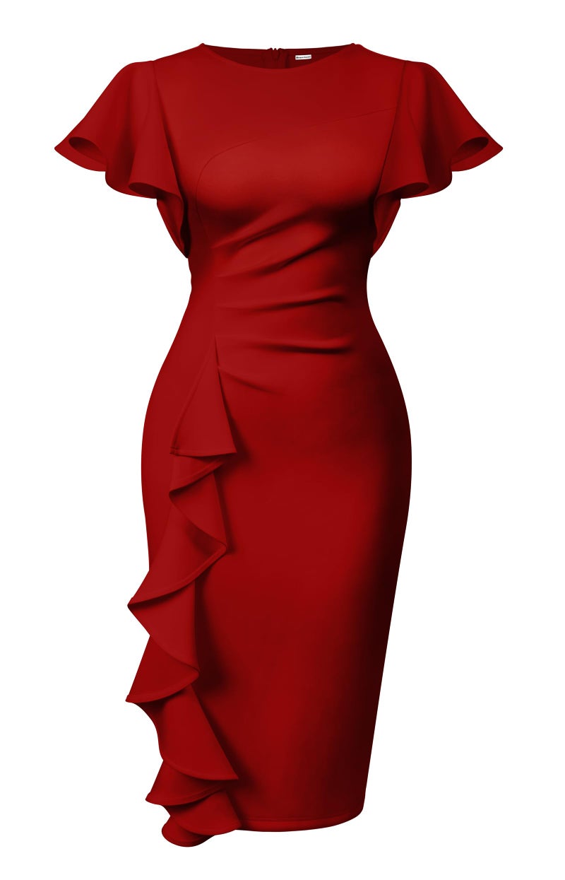 Memoriesea Women's Vintage Church Ruffle Sleeve Ruched Bodycon Work Midi Pencil Dress Red - Image 1