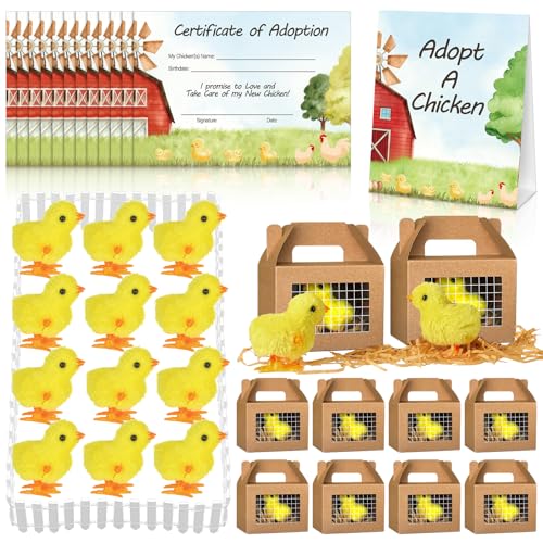 Gaiaring 38 Pcs Adopt a Chick Party Favors Mini Plush Stuffed Chicken Include 12 Mini Plush Chicks 12 Foldable Boxes 12 Adopt Cards 1 Adopt Sign 1 Adopt Fence for Adopt a Pet Party Chick - Image 1