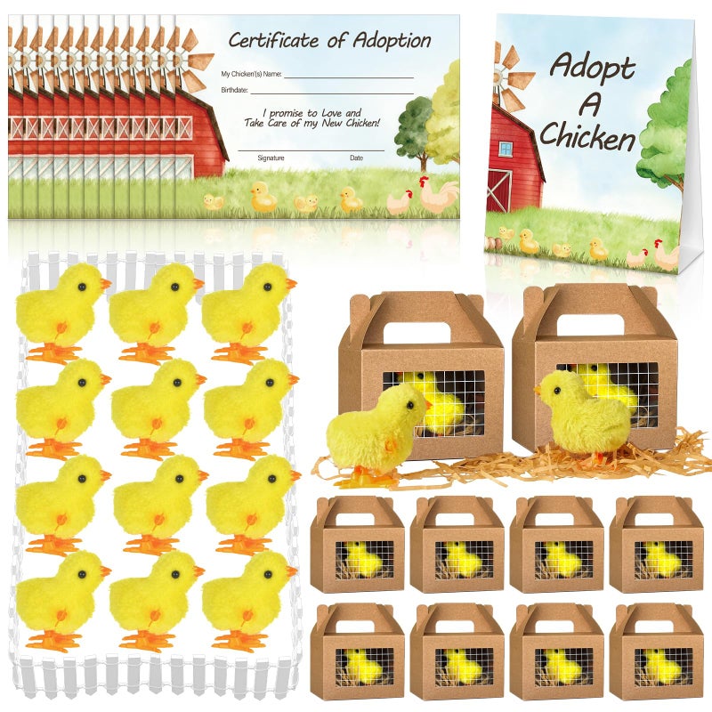 Gaiaring 38 Pcs Adopt a Chick Party Favors Mini Plush Stuffed Chicken Include 12 Mini Plush Chicks 12 Foldable Boxes 12 Adopt Cards 1 Adopt Sign 1 Adopt Fence for Adopt a Pet Party Chick - Image 3