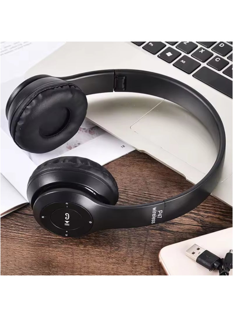 P47 Professional Wireless Headphones with Bluetooth 5.0+EDR Technology - Foldable Design in Matte Black - Image 3