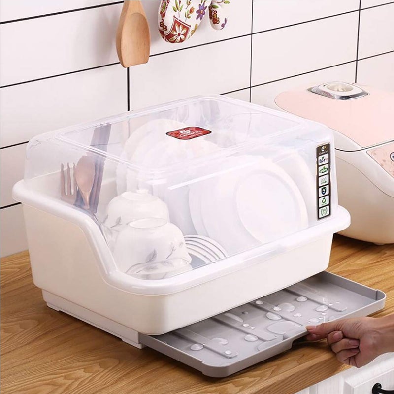 Tomorotec Medium Size Dish Drying Rack and Drain Board with Lid Cover 16 x 122 x 106 Nursing Bottle Holder Kitchen Plate Cup Tray Cutlery Drainer