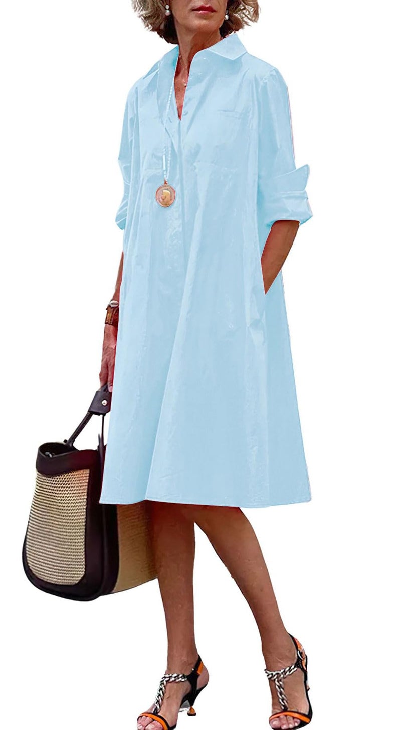 chouyatou Women's Spring Summer Button-Down Shirt Dress Loose A-Line Midi Shift Tunic Dress (X-Large, Blue) - Image 1