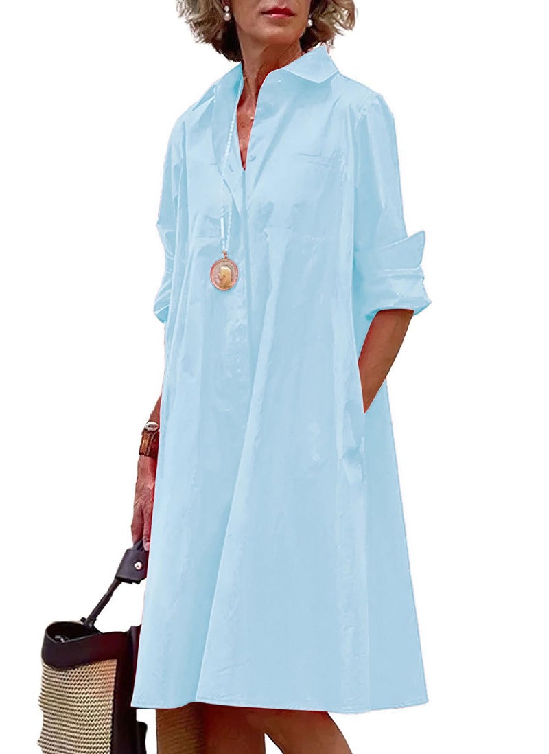 chouyatou Women's Spring Summer Button-Down Shirt Dress Loose A-Line Midi Shift Tunic Dress (X-Large, Blue) - Image 2