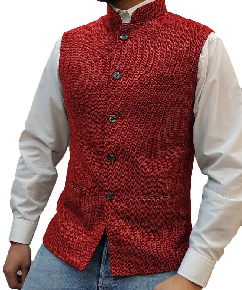 general Men's Stand Collar Vest Slim Fit Herringbone Pattern Wool Blend Casual Waistcoat - Image 1