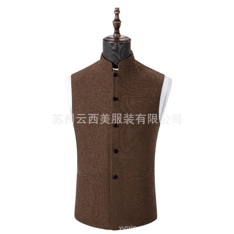 general Men's Stand Collar Vest Slim Fit Herringbone Pattern Wool Blend Casual Waistcoat - Image 4