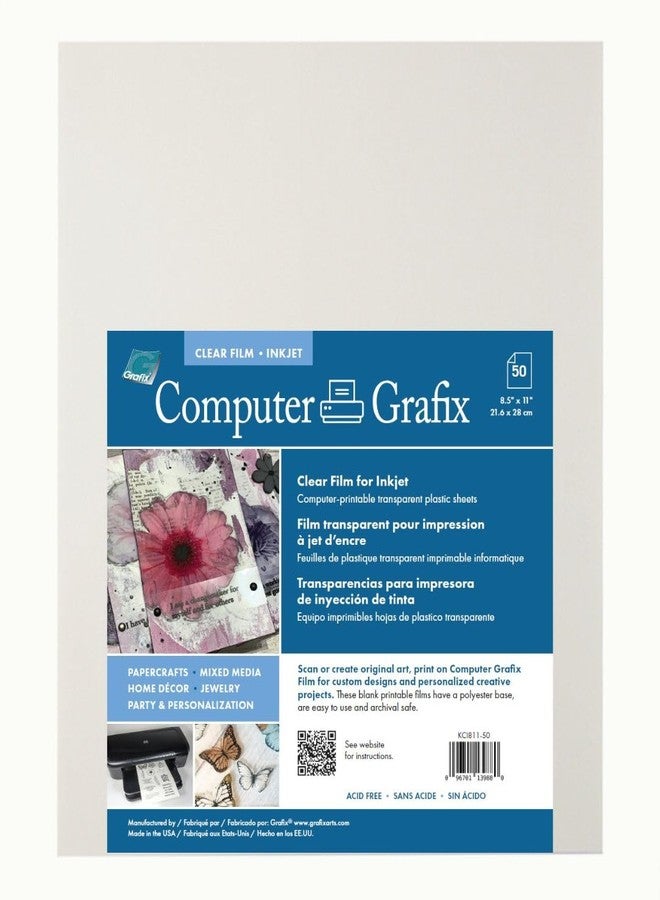 Grafix Computer Adhesive Backed Ink Jet Film – Self-Stick Printable Film for Creating Custom Journals, Stickers, Photos, and More, Ink Jet Printers Only (Clear, Pack of 50 (8.5" x 11"))
