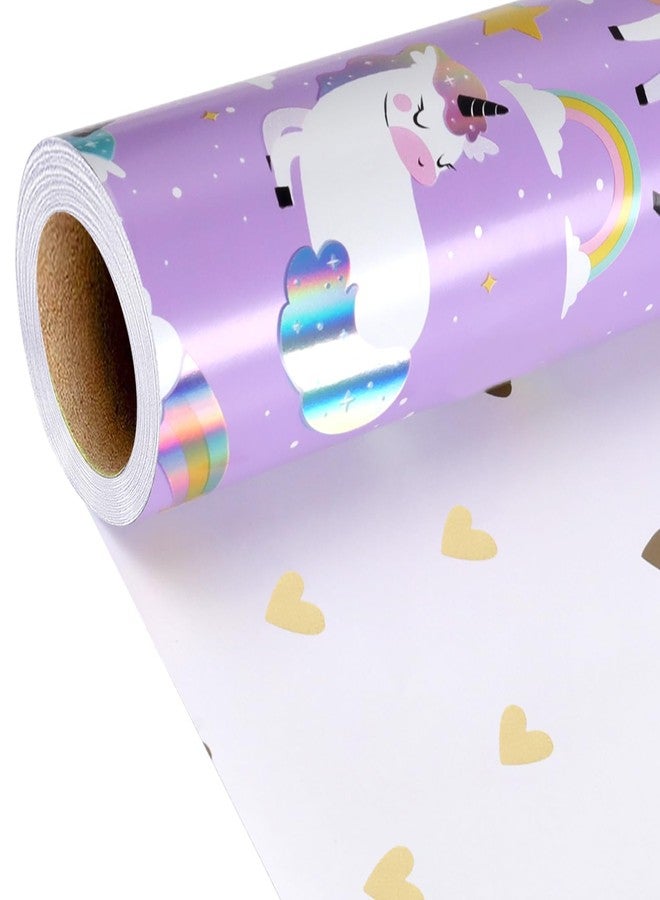 LaRibbons Reversible Unicorn Wrapping Paper with Foil Design, 17 Inch x 33 Feet - Purple Unicorn Gift Wrap with Gold Hearts for Girls Birthday, Baby Shower, Kids Party - Image 1