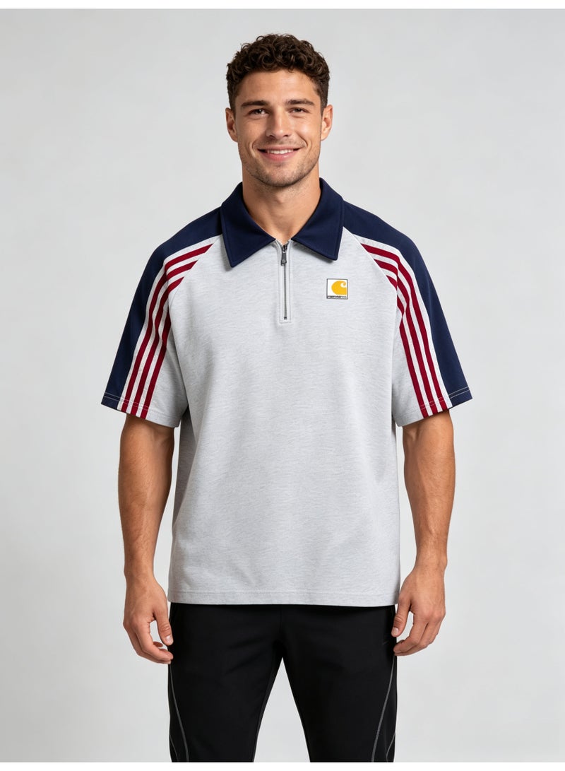 كارهارت Carhartt Men's Quarter Zip Short Sleeve Polo Shirt, Color‑Block Raglan Top with 3‑Stripe Sleeve Detail, Classic Square Logo Casual Streetwear Tee - Image 3