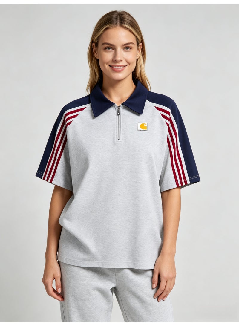 كارهارت Carhartt Men's Quarter Zip Short Sleeve Polo Shirt, Color‑Block Raglan Top with 3‑Stripe Sleeve Detail, Classic Square Logo Casual Streetwear Tee - Image 4