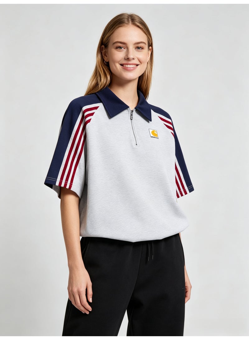 كارهارت Carhartt Men's Quarter Zip Short Sleeve Polo Shirt, Color‑Block Raglan Top with 3‑Stripe Sleeve Detail, Classic Square Logo Casual Streetwear Tee - Image 5