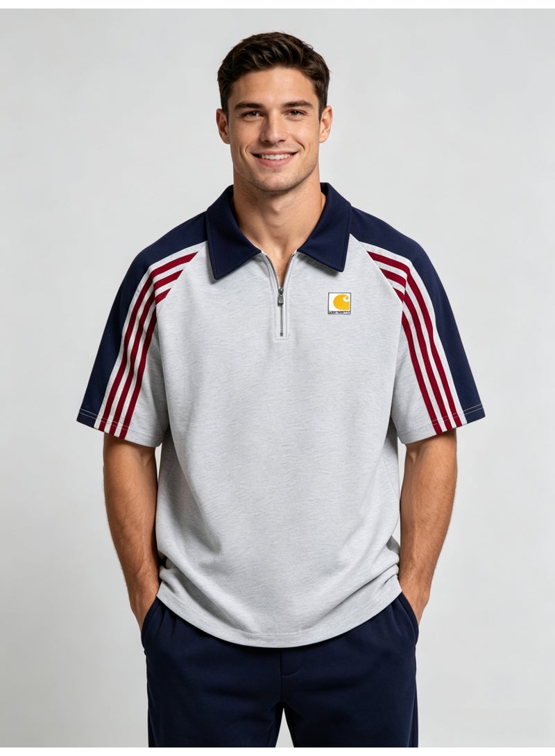 كارهارت Carhartt Men's Quarter Zip Short Sleeve Polo Shirt, Color‑Block Raglan Top with 3‑Stripe Sleeve Detail, Classic Square Logo Casual Streetwear Tee - Image 1