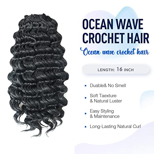 ToyoTree Ocean Wave Crochet Hair - 16 Inch 8 Packs Natural Black Mid-Length Curly Deep Wave Crochet Hair, Synthetic Ocean Wave Braiding Hair Extensions (16 Inch,1B-8P) - Image 2