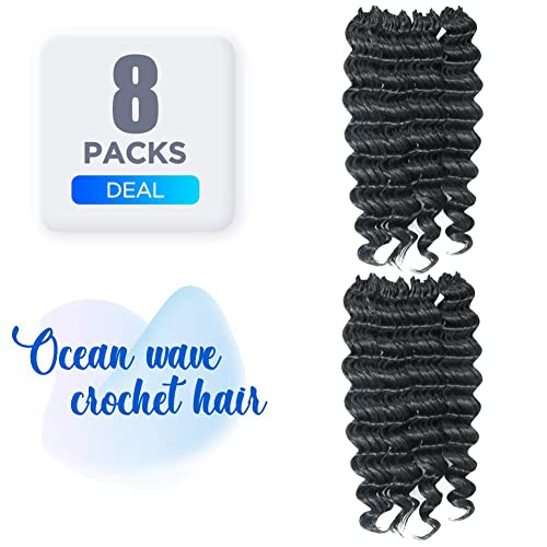 ToyoTree Ocean Wave Crochet Hair - 16 Inch 8 Packs Natural Black Mid-Length Curly Deep Wave Crochet Hair, Synthetic Ocean Wave Braiding Hair Extensions (16 Inch,1B-8P) - Image 5