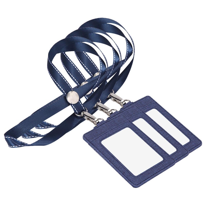 3 Pcs Pu Card Holders with Detachable Navy Blue Lanyards for Work School Office Use - Image 2