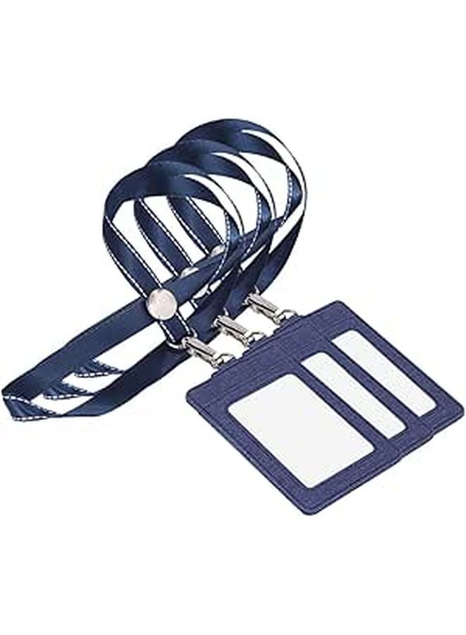 3 Pcs Pu Card Holders with Detachable Navy Blue Lanyards for Work School Office Use - Image 1