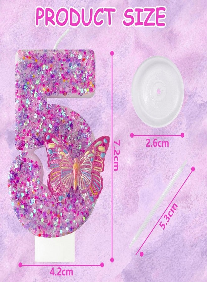 Zlongron Number 5 Candle, Pink Butterfly with Sequins Birthday Cake Candle, Butterfly Decorations for Birthday, Suitable for Girls' Birthdays, Parties, Anniversaries Butterfly Cake Decorations (Pink5 - Image 2