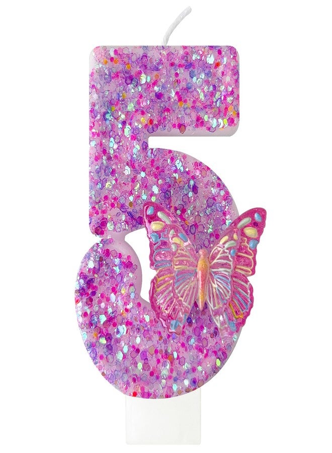 Zlongron Number 5 Candle, Pink Butterfly with Sequins Birthday Cake Candle, Butterfly Decorations for Birthday, Suitable for Girls' Birthdays, Parties, Anniversaries Butterfly Cake Decorations (Pink5 - Image 1