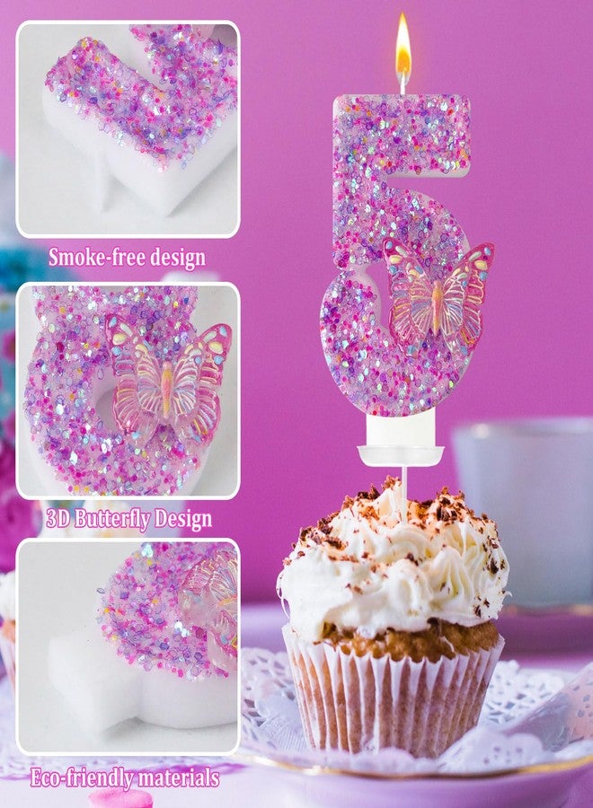 Zlongron Number 5 Candle, Pink Butterfly with Sequins Birthday Cake Candle, Butterfly Decorations for Birthday, Suitable for Girls' Birthdays, Parties, Anniversaries Butterfly Cake Decorations (Pink5 - Image 3