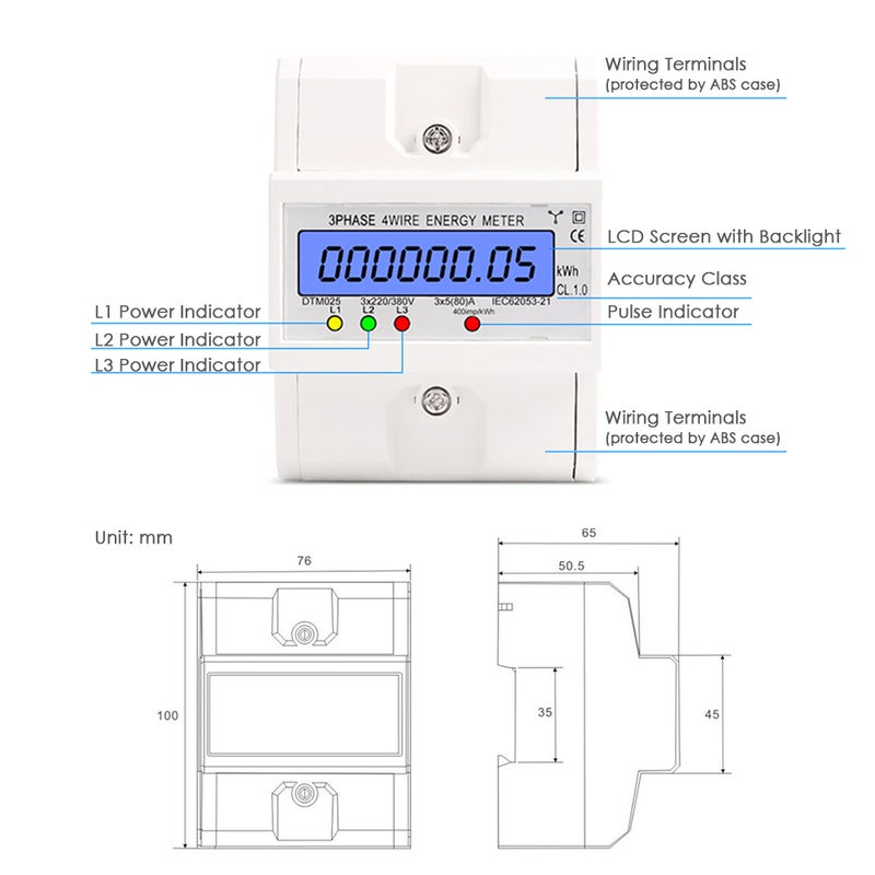 Digital Energy Meter 3 Phase 4 Wire - High Accuracy Backlight LCD Display Electric Energy Meter for Industrial Commercial Power Consumption Measurement - Image 3