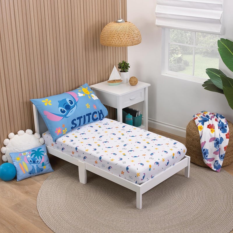NoJo Disney S is for Stitch 2 Piece Toddler Sheet Set  Fitted Bottom Sheet and Pillowcase Blue Pink Yellow White - Image 1