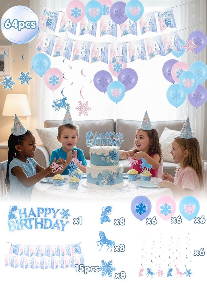 Super ZYouth Frozen Birthday Party Supplies Set, 64PCS Decorations Kit with Banner, Balloons, Cupcake Toppers, Cake Topper & Hanging Swirls for Kids Girls Birthday Party - Image 1