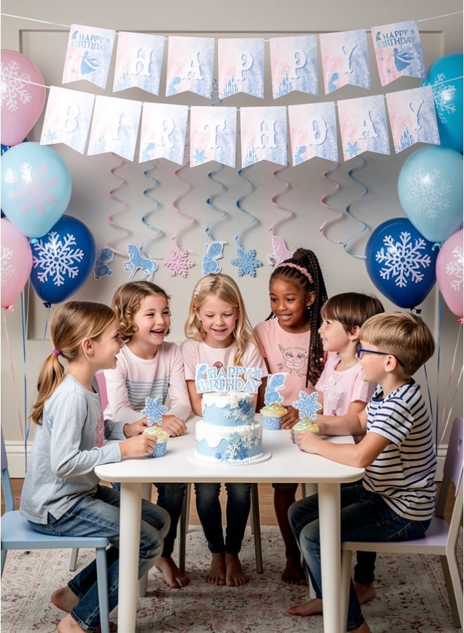 Super ZYouth Frozen Birthday Party Supplies Set, 64PCS Decorations Kit with Banner, Balloons, Cupcake Toppers, Cake Topper & Hanging Swirls for Kids Girls Birthday Party - Image 3