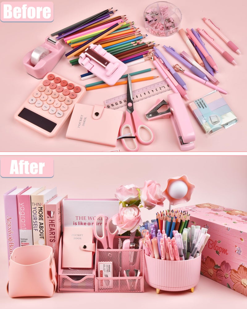 LXEVIHK 21Pcs Pink Desk Organizers and Accessories With Mesh Desk Organizer and 360Â°Rotating Pen Holder and a Lot of Office Pink Office Supplies Beautifully Presented in a Gift Box - Image 3