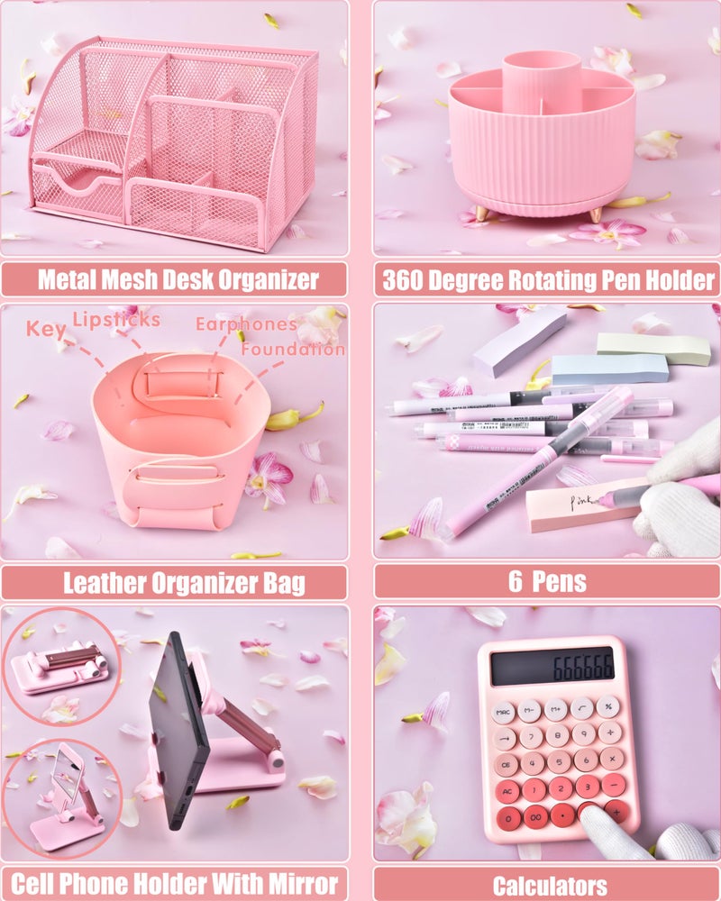 LXEVIHK 21Pcs Pink Desk Organizers and Accessories With Mesh Desk Organizer and 360Â°Rotating Pen Holder and a Lot of Office Pink Office Supplies Beautifully Presented in a Gift Box - Image 4